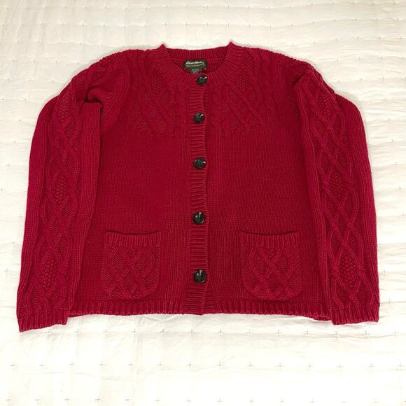 Eddie Bauer Cable Knit Long Sleeve Cardigan Sweater Women's L Red Knit | EUC - Picture 2 of 13